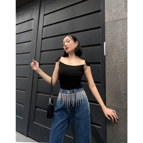 COCO SIN - Bodysuit Thun Đen Trẹt Vai Phối Khoen - Hình ảnh 3