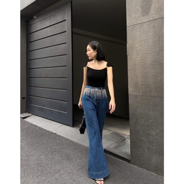 COCO SIN - Bodysuit Thun Đen Trẹt Vai Phối Khoen - Hình ảnh 5