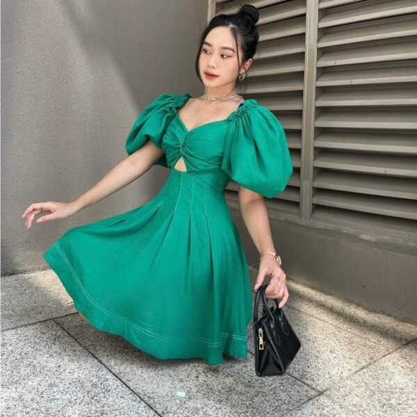 COCO SIN - Đầm Xanh Tay Phồng Cut Out