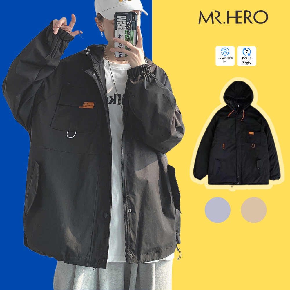 Áo khoác phao Hàn Quốc AKP02 M.RO Unisex form dáng rộng có mũ 3 màu đen, be, xanh dương MrHero