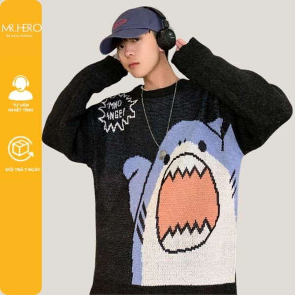 Áo Sweater dáng rộng tay dài in hình cá mập áo len cổ tròn MrHero unisex phong cách Hàn Quốc AL27 M.RO - Hình ảnh 3