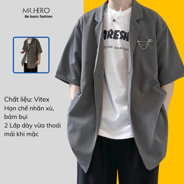 Áo blazer bigsize ngắn tay lỡ tay màu xám form rộng BZ17 Mrhero thời trang nam Hàn Quốc M.RO thiết kế basic dễ phối - Hình ảnh 2