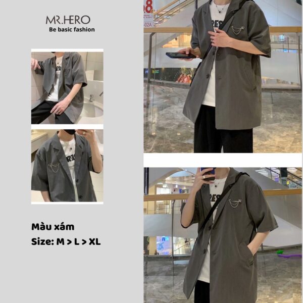 Áo blazer bigsize ngắn tay lỡ tay màu xám form rộng BZ17 Mrhero thời trang nam Hàn Quốc M.RO thiết kế basic dễ phối - Hình ảnh 3