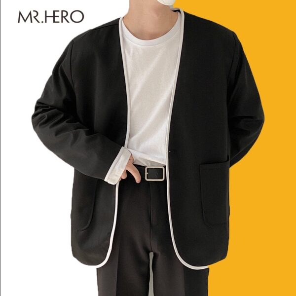 Áo Blazer Nam Dài Tay Form Dáng Rộng Phối Viến Trắng Không Cổ MrHero Thời Trang Phong Cách Hàn Quốc BZ13 M.RO