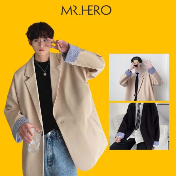 Áo blazer nam form rộng MrHero phối cổ tay sành điệu Hàn Quốc Thời trang nam M.RO màu be đen- BZ12 - Ảnh 3