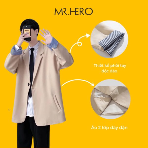 Áo blazer nam form rộng MrHero phối cổ tay sành điệu Hàn Quốc Thời trang nam M.RO màu be đen- BZ12 - Ảnh 5