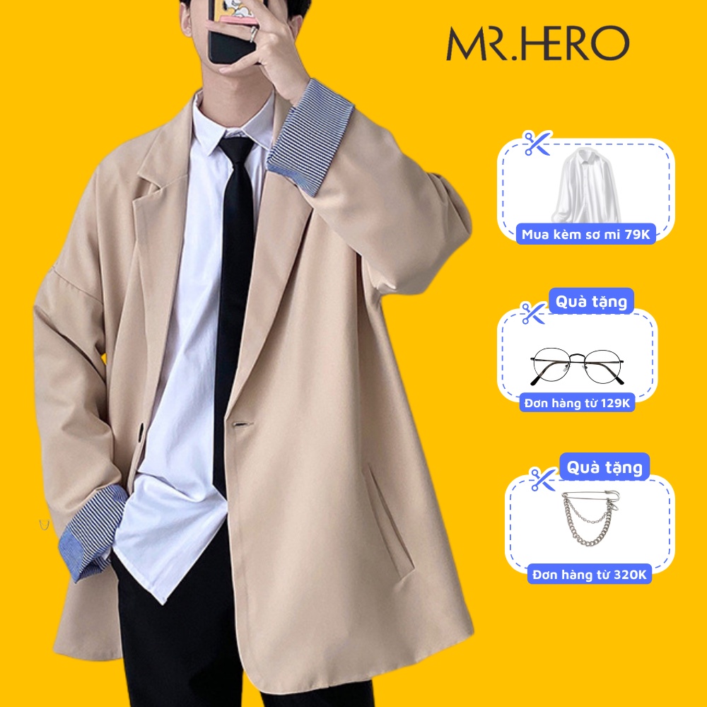 Áo blazer nam form rộng MrHero phối cổ tay sành điệu Hàn Quốc Thời trang nam M.RO màu be đen- BZ12