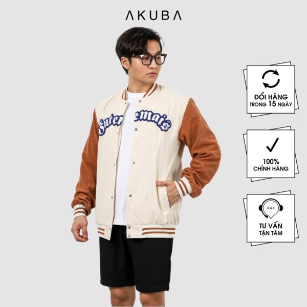 Áo khoác bomber jacket nam nữ phối Nâu tay da Akuba thêu Juteemais 2 lớp, chất nỉ bông siêu đẹp | 01Y0325 - Hình ảnh 2