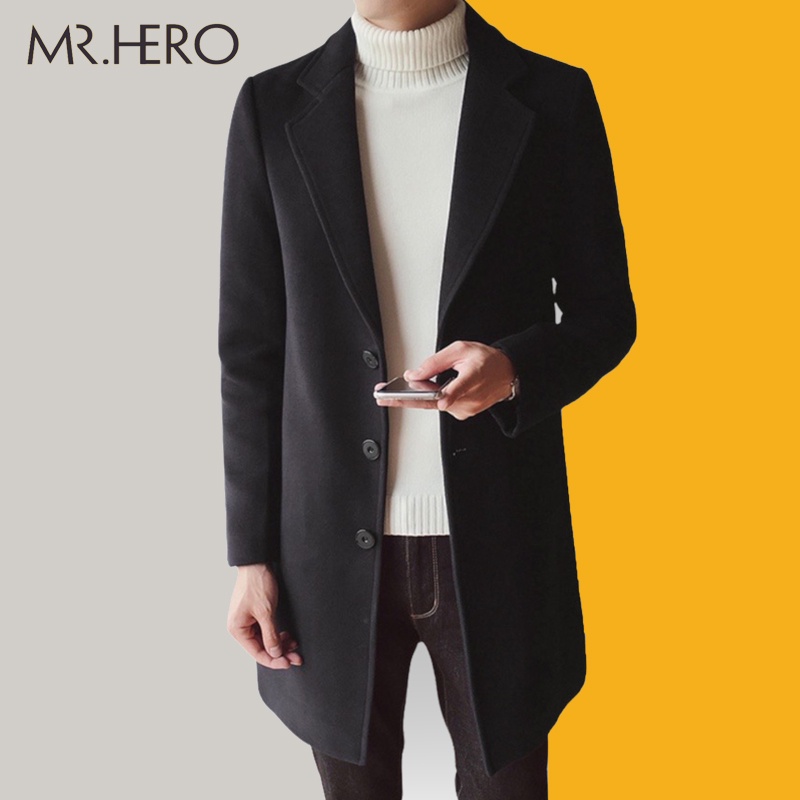 Áo khoác dạ măng tô unisex phong cách Hàn Quốc thời trang Mrhero AKD05 màu đen M.RO