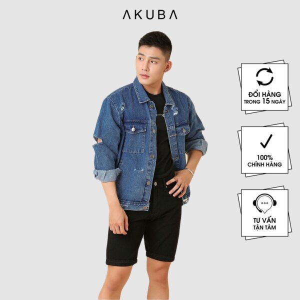 Áo khoác jean nam rách AKUBA form slimfit, độ rộng vừa phải chất liệu jean dày dặn, phong cách Hàn Quốc 01D0145 - Hình ảnh 2