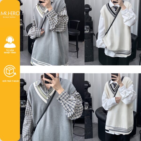 Áo len ghile sweater không tay cổ tim mỏng nhẹ AL25 M.RO form rộng phong cách Hàn Quốc nhiều màu dễ phối Mrhero - Hình ảnh 5