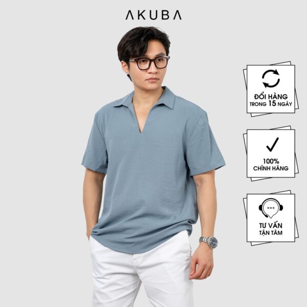 Áo linen nam có cổ tay ngắn trơn AKUBA form regular, vải linen nhẹ, thấm hút cực tốt, thân thiện môi trường 02B0289 - Hình ảnh 2