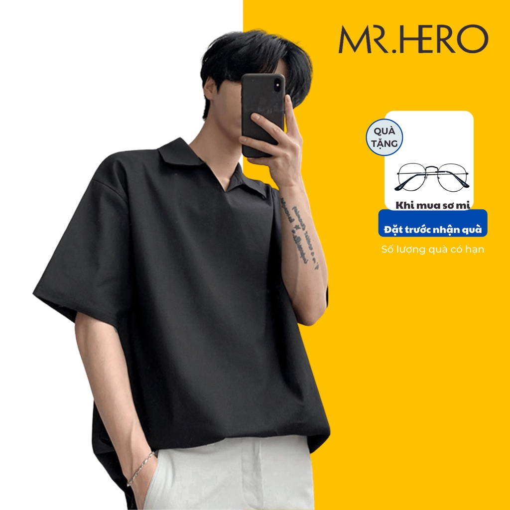 Áo sơ mi lỡ cổ chui basic vải lụa trơn form rộng màu đen SMC4 M.RO Mrhero