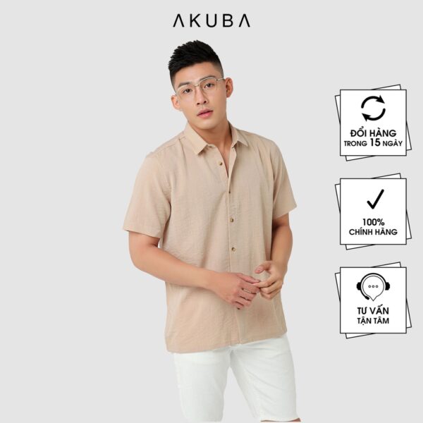 Áo sơ mi nam tay ngắn trơn AKUBA form regular, vải linen nhẹ, thấm hút cực tốt, chất liệu thân thiện môi trường 01M5016 - Hình ảnh 2