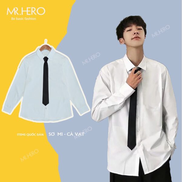 Áo sơ mi nam trắng trơn học sinh sinh viên Hàn Quốc vải lụa cotton không nhăn dài tay cổ tặng kèm cà vạt KB25 M.RO