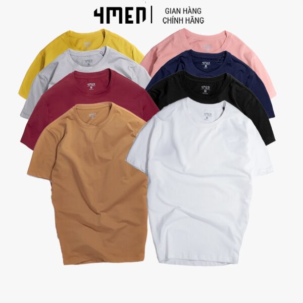 Áo thun nam đẹp 4MEN AT051 trơn basic cổ tròn ngắn tay, form suông, vải cotton co giãn, thoáng mát