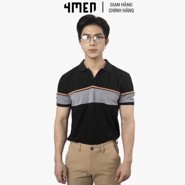 Áo thun polo nam có cổ đẹp 4MEN PO044 cổ trụ bẻ, vải cá sấu cotton co giãn, mềm mịn, phối màu kẻ ngang - Hình ảnh 5