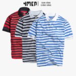 Áo Thun Polo Nam Đẹp 4MEN PO038 thêu lá, có cổ trụ, ngắn tay, form suông, vải cotton mềm mịn phối sọc ngang bắt mắt