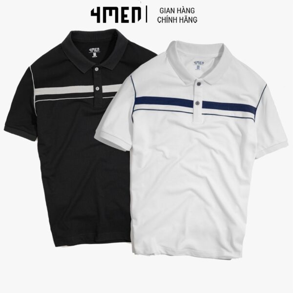 Áo thun polo nam đẹp 4MEN PO043 có cổ trụ bẻ vải cá sấu cotton phối màu kẻ ngang, viền nách mới lạ, trẻ trung