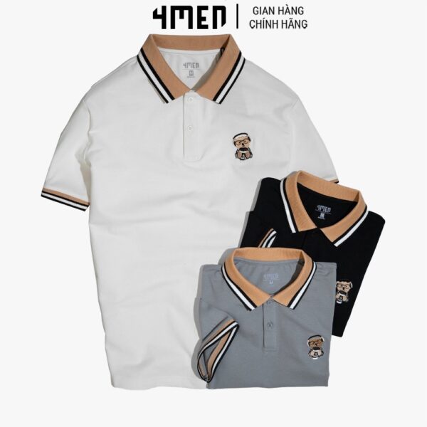 Áo thun polo nam thêu gấu 4MEN PO048 có cổ trụ bẻ dệt sọc, ngực thêu gấu trẻ trung, vải cá sấu cotton thoáng mát