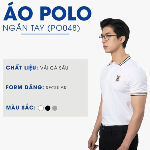 Áo thun polo nam thêu gấu 4MEN PO048 có cổ trụ bẻ dệt sọc, ngực thêu gấu trẻ trung, vải cá sấu cotton thoáng mát - Hình ảnh 2