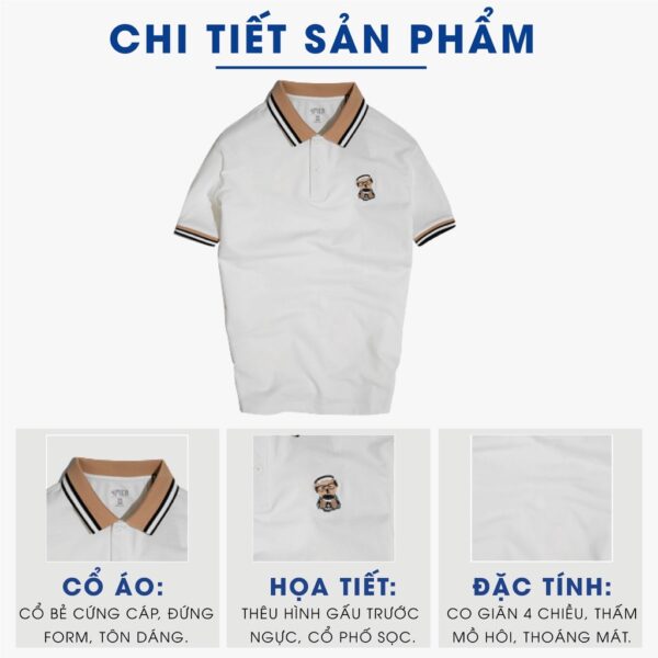Áo thun polo nam thêu gấu 4MEN PO048 có cổ trụ bẻ dệt sọc, ngực thêu gấu trẻ trung, vải cá sấu cotton thoáng mát - Hình ảnh 3