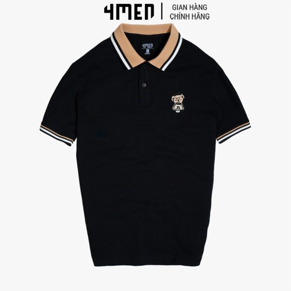 Áo thun polo nam thêu gấu 4MEN PO048 có cổ trụ bẻ dệt sọc, ngực thêu gấu trẻ trung, vải cá sấu cotton thoáng mát - Hình ảnh 6