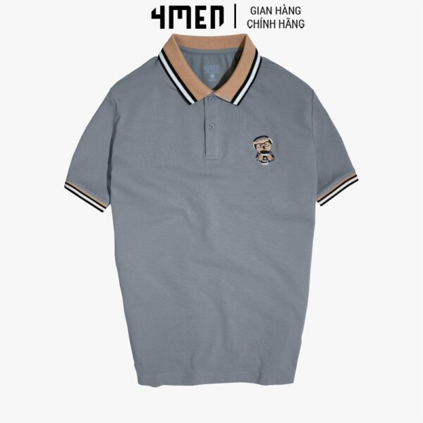 Áo thun polo nam thêu gấu 4MEN PO048 có cổ trụ bẻ dệt sọc, ngực thêu gấu trẻ trung, vải cá sấu cotton thoáng mát - Hình ảnh 7
