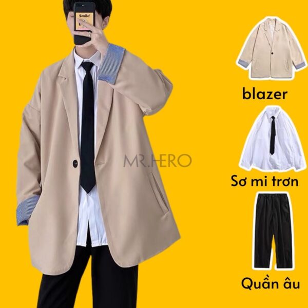 Combo áo blazer quần âu áo sơ mi form dáng rông MrHero Hàn QUốc BZ12/QA01 Màu Be Dài tay M.RO