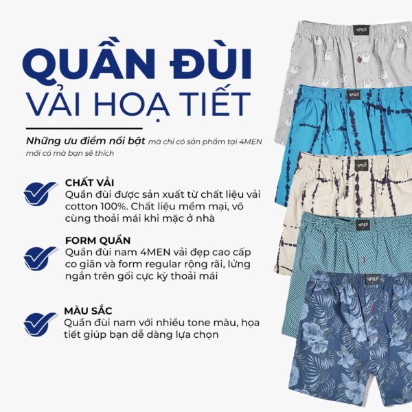 Quần đùi nam mặc nhà 4MEN dáng quần short ngắn họa tiết đẹp, vải cotton thoáng mát, mềm mịn, form rộng thoải mái - Hình ảnh 2