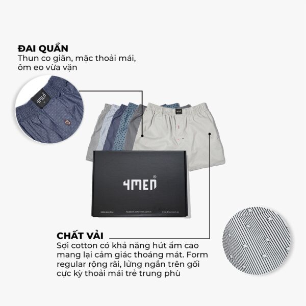 Quần đùi nam mặc nhà 4MEN dáng quần short ngắn họa tiết đẹp, vải cotton thoáng mát, mềm mịn, form rộng thoải mái - Hình ảnh 3