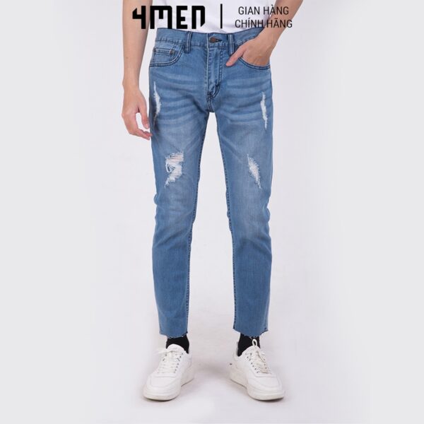 Quần Jean Nam Cắt Lai 4MEN QJ683 vải denim mềm mại, co giãn, màu xanh trẻ trung, năng động, khóa kéo trơn, túi sâu