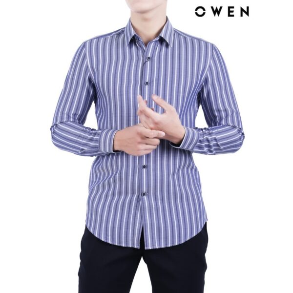 Áo sơ mi dài tay OWEN Bamboo Slimfit không túi màu xanh sọc - AS22248D