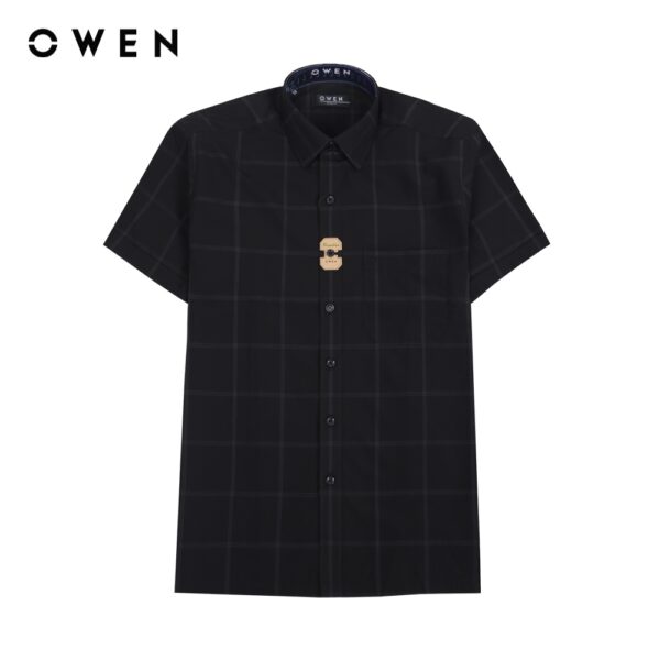 OWEN - Áo sơ mi ngắn tay Body Fit Đen kẻ Bamboo - BA220848NT